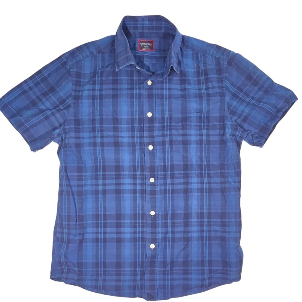 UNTUCKit Mens Large Slim Fit Short Sleeve Button Down Blue Plaid Cotton Shirt